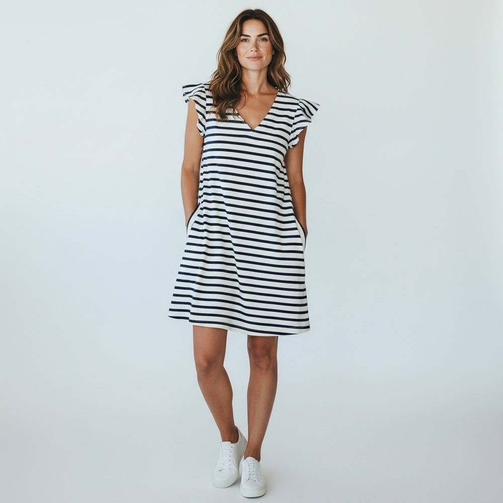Monteau Los Angeles Stripe Ruffle Sleeve Pocket Dress M coastal beach cruise